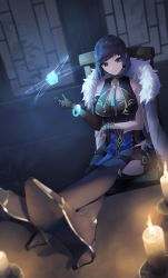 Rule 34 | 1girl, asymmetrical gloves, bare shoulders, black hair, blue hair, bob cut, bracelet, breasts, candle, chair, commentary request, crossed legs, diagonal bangs, dice, ebiri fy, feet on table, fur trim, genshin impact, gloves, glowing, green eyes, grin, high heels, highres, jacket, jewelry, large breasts, mole, mole on breast, multicolored hair, pelvic curtain, short hair, smile, solo, thighhighs, vision (genshin impact), yelan (genshin impact)