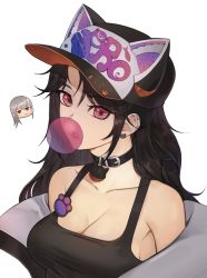Rule 34 | 1girl, absurdres, animal ears, bare shoulders, baseball cap, black choker, black hair, black shirt, breasts, blowing bubbles, choker, cleavage, collarbone, commission, earrings, fake animal ears, hat, highres, jewelry, kirr rr, long hair, looking at viewer, medium breasts, nero (shirone), off shoulder, original, red eyes, second-party source, shirt, sidelocks, sleeveless, sleeveless shirt, solo, transparent background, upper body