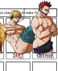Rule 34 | 3boys, abs, absurdres, ass, bara, beard, biceps, blindfold, blue pants, boku no hero academia, bound, bound wrists, boxers, bulge, cigarette, clothes pull, clothing aside, cropped legs, crossover, cuffs, denim, drooling, endeavor (boku no hero academia), erection, erection under clothes, facial hair, fat gum (boku no hero academia), gagged, handcuffs, heart, heart print, highres, jeans, large pectorals, looking at viewer, male focus, male underwear, male underwear aside, male underwear pull, mature male, multiple boys, multiple crossover, multiple drawing challenge, muscular, muscular male, navel, navel hair, nipples, one piece, pants, pants pull, pectorals, rope, sanji (one piece), shibaro, short hair, sideburns, sitting, six fanarts challenge, smokerichi, smoking, spiked hair, stomach, stubble, thick eyebrows, thick thighs, thighs, topless male, underbust, underwear