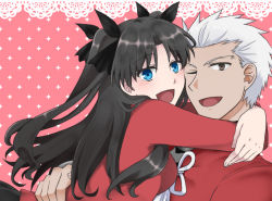 Rule 34 | 1boy, 1girl, :d, akira (ubw), archer (fate), black hair, bow, dark skin, dark-skinned male, fate/stay night, fate (series), hair bow, hetero, hug, long hair, open mouth, smile, tohsaka rin, twintails, two side up, white hair