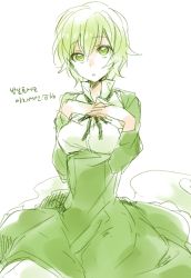 Rule 34 | 1girl, 6 (yuchae), alternate costume, breasts, dress, green dress, green eyes, green hair, matching hair/eyes, medium breasts, no headwear, no headwear, short hair, soga no tojiko, solo, steepled fingers, text focus, touhou, translation request