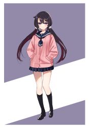 Rule 34 | 1girl, absurdres, black hair, cardigan, closed mouth, full body, hair between eyes, hand in pocket, highres, loafers, long hair, looking at viewer, original, pleated skirt, purple eyes, sailor collar, school uniform, shoes, simple background, skirt, socks, solo, standing, twintails, zero (miraichizu)
