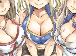 Rule 34 | 3girls, bare shoulders, black skirt, blonde hair, blush, breast press, breasts, cleavage, crossover, eden&#039;s zero, elie, fairy tail, huge breasts, jewelry, long hair, looking at viewer, lucy heartfilia, mashima hiro, midriff, multiple girls, navel, necklace, official art, rave, rebecca bluegarden, shiny skin, skirt, smile, twintails, view between breasts
