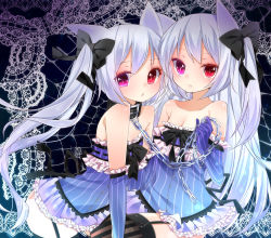 Rule 34 | 2girls, animal ears, blush, bow, cat ears, chain, collar, elbow gloves, garter straps, gloves, hair bow, heterochromia, long hair, looking at viewer, multiple girls, original, pink eyes, red eyes, thighhighs, toma tokage, twintails