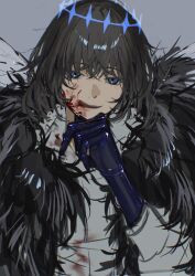 Rule 34 | 1boy, :q, black cape, black hair, blood, blood on clothes, blue eyes, cape, chromatic aberration, commentary, diamond hairband, evil smile, fate/grand order, fate (series), fur-trimmed cape, fur trim, grey background, hand on own chin, hand up, highres, ibispaint (medium), licking blood, licking lips, long sleeves, looking at viewer, male focus, medium hair, miroku (butuzo33), oberon (fate), oberon (third ascension) (fate), shirt, simple background, smile, solo, tongue, tongue out, upper body, white shirt