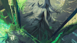 Rule 34 | 3girls, angel, bad id, bad pixiv id, breasts, building, chain, day, dress, facing away, fantasy, from above, green hair, halo, head wreath, highres, large breasts, long hair, multiple girls, nipples, one breast out, original, outstretched hand, overgrown, plant, sash, scenery, short hair, sleeveless, sleeveless dress, standing, statue, thorns, vines, wangxiii, white dress, white hair, wings