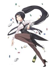 Rule 34 | 1girl, absurdly long hair, alcohol, black bow, black bowtie, black footwear, black hair, blue eyes, bottle, bow, bowtie, brown pantyhose, champagne flute, cup, drinking glass, full body, high heels, highres, holding, holding tray, josie rosebud, long hair, looking at viewer, official art, pantyhose, poker chip, ponytail, princess principal, princess principal game of mission, shoes, spilling, standing, standing on one leg, transparent background, tray, very long hair