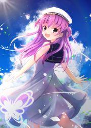 Rule 34 | 1girl, :d, bare arms, bare shoulders, beret, black sailor collar, blue sky, blush, cloud, cloudy sky, commentary request, day, dress, fang, hair between eyes, hat, highres, katou umi, looking at viewer, looking back, open mouth, outdoors, pink eyes, purple hair, sailor collar, sky, sleeveless, sleeveless dress, smile, solo, summer pockets, two side up, white dress, white hat, wind, ymd (holudoun)