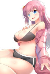 Rule 34 | 1girl, aru (arudes), bare shoulders, bikini, bikini shorts, black bra, black shorts, blue eyes, blush, bocchi the rock!, bra, breasts, cleavage, commentary, from side, gotoh hitori, highres, jacket, large breasts, long hair, long sleeves, looking at viewer, micro shorts, navel, nervous smile, one side up, open clothes, open jacket, open mouth, pink hair, pink jacket, shorts, sidelocks, simple background, sitting, smile, solo, sweatdrop, thighs, track jacket, underwear, wariza, white background