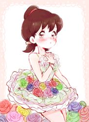 Rule 34 | 10s, 1girl, blue flower, blue rose, blush, border, bracelet, brown eyes, brown hair, dress, flower, green flower, green rose, hair ribbon, hairband, jewelry, lace, lace border, looking at viewer, ornate border, osomatsu-kun, osomatsu-san, pink flower, pink rose, purple flower, purple rose, red flower, red rose, ribbon, rose, short twintails, six shame faces, solo, twintails, yellow flower, yellow rose, yowai totoko