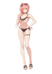 Rule 34 | 1girl, absurdres, bikini, black bikini, breasts, eyewear on head, full body, girls&#039; frontline, green eyes, hand on own hip, highres, long hair, looking at viewer, luozhou pile, medium breasts, nail polish, navel, official alternate costume, pink hair, pink nails, r93 (girls&#039; frontline), r93 (holiday lucky star) (girls&#039; frontline), sandals, side ponytail, simple background, solo, standing, sunglasses, swimsuit, thigh strap, toenail polish, toenails, white background