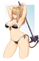 Rule 34 | 1girl, absurdres, animal ears, arknights, arms up, bikini, black bikini, black choker, blush, breasts, brown hair, choker, cleavage, cropped legs, dyun, gradient background, highres, holding, holding weapon, large breasts, lion ears, lion tail, long hair, mouth hold, ponytail, side-tie bikini bottom, siege (arknights), signature, simple background, solo, sweat, swimsuit, tail, war hammer, weapon