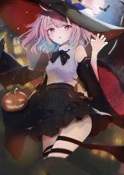 Rule 34 | 1girl, alternate costume, alternate hairstyle, bat wings, bird, black bow, black bowtie, black skirt, blue hair, blurry, blurry background, bow, bowtie, breasts, commentary request, cosplay, cowboy shot, halloween, hand up, hat, highres, hololive, light blush, looking at viewer, midorikawa (tawf5452), minato aqua, mixed-language commentary, moon, multicolored hair, open mouth, pleated skirt, pumpkin, purple eyes, purple hair, shirt, short hair, skirt, sleeveless, sleeveless shirt, small breasts, solo, standing, streaked hair, thighs, virtual youtuber, white shirt, wings, witch, witch hat