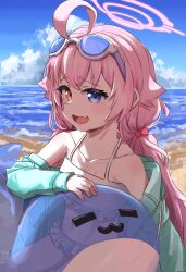 Rule 34 | 1girl, absurdres, ahoge, asayakesan, beach, bikini, blue archive, blue eyes, blue sky, cloud, cloudy sky, commentary request, eyewear on head, fang, frilled bikini, frills, green jacket, hair bobbles, hair ornament, halo, heterochromia, highres, hoshino (blue archive), hoshino (swimsuit) (blue archive), innertube, jacket, long hair, looking to the side, low twintails, nose, ocean, off shoulder, official alternate costume, open mouth, orange eyes, outdoors, pink hair, pink halo, skin fang, sky, solo, swim ring, swimsuit, twintails, white bikini