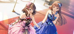 Rule 34 | 2girls, :d, alternate hairstyle, arm ribbon, bare shoulders, blue bow, blue dress, blue eyes, blue flower, blue gloves, blue rose, blunt bangs, blunt ends, blurry, blurry background, bow, bracelet, breasts, brown eyes, brown hair, brown ribbon, chromatic aberration, collarbone, commentary request, cross-laced clothes, day, dress, dress bow, dress flower, dutch angle, earrings, floral print, flower, flower earrings, food-themed hair ornament, frilled dress, frills, gem, glove bow, gloves, hair between eyes, hair bow, hair down, hair flower, hair ornament, halter dress, halterneck, hand on own chest, hand up, hat, highres, holding hands, idolmaster, idolmaster million live!, idolmaster million live! theater days, indoors, jewelry, layered dress, long hair, looking at viewer, medium breasts, medium hair, multiple girls, nanaran, necklace, open mouth, pearl (gemstone), pearl bracelet, pearl hair ornament, pearl necklace, pink dress, pink flower, pink headwear, plaid, plaid dress, print dress, red bow, red carpet, ribbon, rose, satake minako, shadow, sidelocks, sleeveless, sleeveless dress, smile, stairs, standing, strapless, strapless dress, strawberry hair ornament, striped, striped bow, tanaka kotoha, tilted headwear, white gloves
