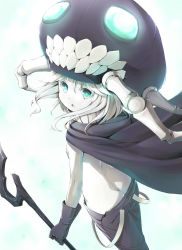 Rule 34 | 10s, 1girl, abyssal ship, blue eyes, bodysuit, butt crack, cape, colored skin, gloves, glowing, glowing eyes, green eyes, hat, highres, holding, kantai collection, looking at viewer, looking back, mafu9, monster, open mouth, pants, personification, solo, staff, teeth, white hair, white skin, wo-class aircraft carrier