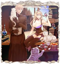 Rule 34 | 1boy, 1girl, bare shoulders, bird, blonde hair, blue eyes, book, book stack, breasts, cleavage, garter belt, hair ornament, hairclip, large breasts, long hair, nicole pmonachi, pancake, pie, pixiv fantasia, pixiv fantasia wizard and knight, short hair, tiger, tiger cub
