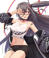 Rule 34 | 1girl, alternate costume, armpits, azur lane, baggy clothes, bicycle, bike shorts, black-framed eyewear, black hair, black legwear, black shorts, blush, bodypaint, breasts, buckle, casual, character name, choker, chromatic aberration, cleavage, clothes writing, collarbone, cross, cross choker, crossed bangs, earrings, floating hair, glasses, hair between eyes, hair ornament, hand on own head, hand to own head, head tilt, highres, iron cross, jacket, jewelry, leg up, long hair, looking at viewer, medium breasts, multicolored hair, navel, no bra, off shoulder, one eye closed, one side up, open clothes, open jacket, open mouth, red eyes, semi-rimless eyewear, shirt, shoes, shorts, sidelocks, silver hair, solo, stomach, strap, streaked hair, sweat, tank top, tied shirt, u-47 (azur lane), u-47 (rookie rider) (azur lane), unzipped, very long hair, wind, wiping sweat, you ni ge shaobing, zipper, zipper pull tab