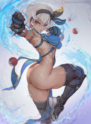 Rule 34 | 1girl, ass, bea (pokemon), breasts, capcom, chun-li, chun-li (cosplay), cosplay, covered navel, creatures (company), cutesexyrobutts, dark-skinned female, dark skin, eyebrows, female focus, flat ass, game freak, grey eyes, grey hair, hairband, highres, leg up, looking at viewer, medium breasts, nintendo, open mouth, poke ball, pokemon, pokemon swsh, revealing clothes, shoes, short hair, sneakers, solo, street fighter, street fighter v, thong