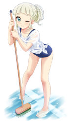 Rule 34 | 1girl, absurdres, aikatsu!, aikatsu! (series), aqua eyes, bare legs, barefoot, blonde hair, blue one-piece swimsuit, blunt bangs, blush, broom, closed mouth, commentary request, exhausted, full body, highres, holding, holding broom, leaning forward, legs apart, one-piece swimsuit, one eye closed, pigeon-toed, ponytail, school swimsuit, sekina, shirt, short sleeves, simple background, solo, standing, swimsuit, swimsuit under clothes, tied shirt, todo yurika, water, wet, wet clothes, wet shirt, white background, white shirt