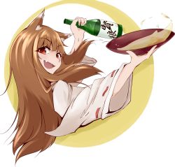 Rule 34 | 1girl, :d, absurdres, alcohol, animal ears, bottle, brown hair, cup, fang, highres, holding, holding bottle, holo, horkew., japanese clothes, long hair, looking at viewer, miko, open mouth, red eyes, sakazuki, sake, smile, solo, spice and wolf, upper body, white background, wide sleeves, wolf ears