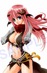 Rule 34 | 1girl, assassin cross (ragnarok online), bat wings, black cape, black gloves, black leotard, black wings, blue eyes, breasts, cape, closed mouth, commentary request, cowboy shot, demon horns, elbow gloves, gloves, hair between eyes, head wings, horns, kainohito, large breasts, leotard, long hair, looking at viewer, navel, pink hair, ragnarok online, red scarf, revealing clothes, sample watermark, scarf, simple background, smile, solo, torn cape, torn clothes, torn scarf, vambraces, waist cape, watermark, white background, wings