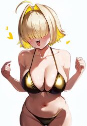 Rule 34 | 1girl, absurdres, ahoge, bikini, blonde hair, blush, breasts, collarbone, commentary request, elegg (nikke), goddess of victory: nikke, gold bikini, hair intakes, hair over eyes, halterneck, hands up, heart, highres, large breasts, long bangs, multicolored hair, navel, open mouth, ramune ramune, short hair, simple background, swimsuit, two-tone hair, white background