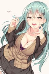Rule 34 | 10s, 1girl, aqua hair, bad anatomy, beige background, bra, breasts, cleavage, dated, dutch angle, fingernails, hair ornament, hairclip, hand to own mouth, highres, kantai collection, large breasts, long fingernails, long fingers, long hair, looking at viewer, nebusoku, open clothes, open shirt, purple bra, remodel (kantai collection), saliva, shirt, simple background, skirt, sleeves past wrists, smile, solo, suzuya (kancolle), twitter username, unbuttoned, underwear