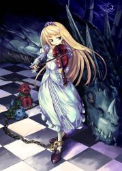 Rule 34 | 1girl, artist request, blonde hair, blue eyes, chain, checkered floor, creature, crescent moon, cuffs, dragon, dress, eye contact, fantasy, floor, instrument, light smile, long hair, long sleeves, looking at another, lying, moon, night, on stomach, shoes, sitting, sky, solo, source request, tiara, violin