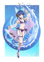 Rule 34 | 1girl, adapted costume, animal ears, bare shoulders, bikini, blue eyes, blue hair, breasts, cat ears, chaya mago, detached sleeves, duel monster, full body, highres, holding, holding wand, long sleeves, medium breasts, multiple girls, navel, ni-ni the mirror mikanko, short hair, signature, solo, swimsuit, tail, wand, water, yu-gi-oh!