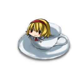 Rule 34 | 1girl, alice margatroid, bad id, bad pixiv id, blonde hair, blush stickers, chibi, cup, hairband, mini person, minigirl, same anko, saucer, short hair, solo, teacup, touhou, wavy mouth