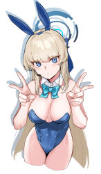 Rule 34 | 1girl, absurdres, animal ears, aqua bow, aqua bowtie, bare shoulders, blonde hair, blue archive, blue bow, blue eyes, blue leotard, blush, bow, bowtie, breasts, cleavage, closed mouth, commentary request, cropped legs, detached collar, double v, earpiece, earrings, fake animal ears, fingernails, hair bow, hako reeema, halo, hands up, highres, jewelry, large breasts, leotard, light frown, long hair, looking at viewer, official alternate costume, partial commentary, playboy bunny, rabbit ears, shadow, simple background, single earring, solo, strapless, strapless leotard, stud earrings, toki (blue archive), toki (bunny) (blue archive), v, very long hair, white background