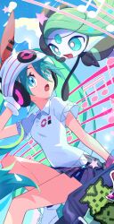 Rule 34 | 1girl, :o, beamed eighth notes, beamed sixteenth notes, beanie, blue eyes, collared shirt, commentary request, creatures (company), crossover, day, eighth note, eyelashes, game freak, gen 5 pokemon, gloves, green hair, hand up, hat, hatsune miku, highres, legendary pokemon, long hair, meloetta, musical note, mythical pokemon, nintendo, open mouth, outdoors, plaid, plaid skirt, pleated skirt, pokemon, pokemon (creature), project voltage, psychic miku (project voltage), quarter note, sapphire ethu, shirt, short sleeves, skirt, tongue, twintails, vocaloid, white headwear, white shirt