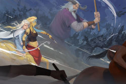 Rule 34 | 2boys, 2girls, absurdres, armlet, armor, battle, black horns, blonde hair, blue dress, blue skin, bow (weapon), bracer, breasts, canary (banner saga), cape, centaur, cleavage, colored skin, dredge (banner saga), dress, grey hair, hand on another&#039;s stomach, haryarti, highres, holding, holding sword, holding weapon, horns, long hair, motion blur, multicolored hair, multicolored skin, multiple boys, multiple girls, navel, oddleif, outdoors, promotional art, quiver, shouting, small breasts, sword, taur, the banner saga, two-tone hair, two-tone skin, ubin (banner saga), weapon, white hair, yellow skin