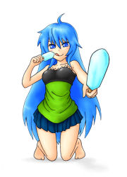 Rule 34 | 1girl, ahoge, barefoot, blue eyes, blue hair, blush, duel monster, eria (yu-gi-oh!), eria the water charmer, food, kneeling, licking lips, long hair, looking at viewer, matching hair/eyes, pataneet, pleated skirt, popsicle, sharing, simple background, skirt, smile, solo, thigh gap, thighs, tongue, tongue out, white background, yu-gi-oh!, yu-gi-oh! duel monsters