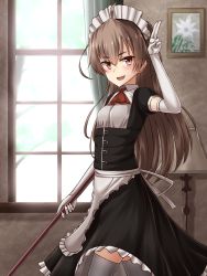 Rule 34 | 1girl, ahoge, apron, black dress, brown eyes, brown hair, dress, elbow gloves, fang, gloves, highres, looking at viewer, maid, maid apron, maid headdress, original, puffy sleeves, salute, smile, solo, white gloves, yakob labo