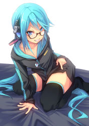 Rule 34 | 1girl, aqua hair, arm support, bespectacled, blue eyes, fu-ta, glasses, grin, hatsune miku, headphones, long hair, looking at viewer, smile, solo, thighhighs, very long hair, vocaloid, white background