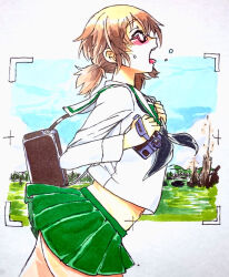 Rule 34 | 1girl, bag, black neckerchief, blouse, blush, brown hair, camera, carrying, closed eyes, commentary, day, from side, girls und panzer, glasses, green skirt, holding, holding camera, leaning forward, long sleeves, low twintails, microskirt, midriff, nabeyu, navel, neckerchief, ooarai school uniform, open mouth, ou taiga, outdoors, pleated skirt, sailor collar, satchel, school uniform, semi-rimless eyewear, serafuku, shirt, short hair, skirt, solo, standing, sweat, tongue, tongue out, traditional media, twintails, under-rim eyewear, video camera, viewfinder, white sailor collar, white shirt