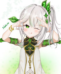 Rule 34 | 1girl, ;), ;p, bracelet, commentary request, detached sleeves, genshin impact, green eyes, grey hair, hair between eyes, hair ornament, head tilt, jewelry, la vaanyaa, long hair, looking at viewer, nahida (genshin impact), one eye closed, pointy ears, short sleeves, side ponytail, sidelocks, simple background, smile, solo, tongue, tongue out