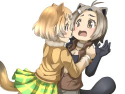 Rule 34 | &gt;:), 10s, 2girls, :o, american beaver (kemono friends), animal ears, antenna hair, beaver ears, beaver tail, black-tailed prairie dog (kemono friends), blush, breasts, brown eyes, brown hair, cleavage, collarbone, commentary request, couple, d:, elbow gloves, embarrassed, eye contact, face-to-face, female focus, fur collar, gloves, gradient hair, hair ornament, hand on another&#039;s shoulder, hands up, high collar, highres, imminent kiss, jacket, kemono friends, long sleeves, looking at another, multicolored hair, multiple girls, naughty face, navel, open clothes, open jacket, open mouth, pleated skirt, short hair, shorts, shy, simple background, skirt, sleeveless, sleeveless jacket, smile, standing, sweater, tail, thin (suzuneya), upper body, v-shaped eyebrows, white background, yuri
