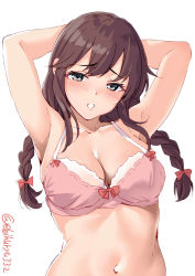Rule 34 | 1girl, ahoge, alternate costume, armpits, arms behind head, arms up, black thighhighs, blush, bra, braid, breasts, brown hair, collarbone, ebifurya, grey eyes, highres, kantai collection, long hair, medium breasts, navel, noshiro (kancolle), open mouth, pink bra, simple background, solo, swept bangs, thighhighs, twin braids, twitter username, underwear, upper body, white background