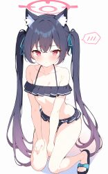 Rule 34 | 1girl, absurdres, animal ears, bare arms, bare legs, bare shoulders, bikini, black bikini, black hair, blue archive, blush, breasts, cat ears, collarbone, extra ears, frilled bikini, frills, full body, hair between eyes, halo, highres, long hair, looking at viewer, mushpz, navel, official alternate costume, parted lips, pink halo, red eyes, sandals, serika (blue archive), serika (swimsuit) (blue archive), simple background, small breasts, solo, spoken blush, swimsuit, toes, twintails, white background