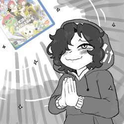 Rule 34 | bandai, black hair, blush, cover, crying, crying with eyes open, digimon, flat chest, gummuru, hair over one eye, hood, hood up, hoodie, messy hair, nervous smile, non-web source, original, personification, playstation vita (personification), praying, smile, sony, tears, video game cover