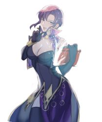 Rule 34 | 1girl, black thighhighs, blue eyes, book, breasts, capelet, cleavage, dress, earrings, elbow gloves, finger to mouth, fire emblem, fire emblem: the blazing blade, fire emblem heroes, gloves, holding, holding book, jewelry, krazehkai, large breasts, magic, medium hair, nintendo, purple dress, purple hair, side slit, solo, thighhighs, ursula (fire emblem), white background