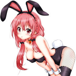 Rule 34 | 10s, 1girl, animal ears, bare back, bare shoulders, black pantyhose, blush, braid, breasts, carrot, cleavage, collar, commentary, fake animal ears, fishnet pantyhose, fishnets, hair between eyes, hair ribbon, hinako note, leaning forward, leotard, long hair, looking at viewer, medium breasts, mikuri ouda, pantyhose, pink hair, playboy bunny, rabbit ears, rabbit girl, rabbit tail, ribbon, sakuragi hinako, simple background, solo, tail, thighhighs, thighhighs over pantyhose, white background, wrist cuffs