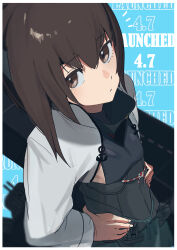 Rule 34 | 1girl, absurdres, breasts, brown eyes, brown hair, closed mouth, dated, english text, flight deck, hair between eyes, hands on own hips, hato kan, headgear, highres, kantai collection, long sleeves, looking at viewer, rigging, simple background, small breasts, solo, taihou (kancolle), upper body