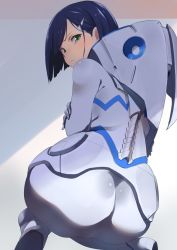 Rule 34 | 10s, 1girl, ass, back, bad id, bad twitter id, black hair, blush, bodysuit, crossed arms, darling in the franxx, green eyes, hair ornament, hairclip, ichigo (darling in the franxx), looking at viewer, looking back, nuezou, solo