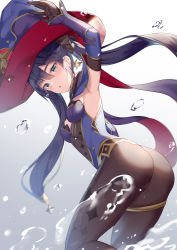 Rule 34 | 1girl, alexmaster, anklet, aqua eyes, arm up, armpits, ass, black gloves, black hair, blue hat, blue leotard, breasts, brown pantyhose, cape, detached sleeves, earrings, from behind, genshin impact, gloves, hat, highres, jewelry, leotard, long hair, long sleeves, looking at viewer, looking back, mona (genshin impact), pantyhose, parted lips, sidelocks, small breasts, solo, twintails, very long hair, water, white background, witch hat