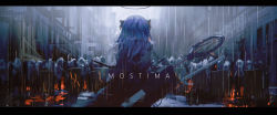Rule 34 | 1girl, alcxome, arknights, artist name, back, black coat, blue hair, character name, coat, commentary, cowboy shot, crowd, demon horns, english commentary, from behind, fur-trimmed coat, fur trim, halo, highres, horns, letterboxed, medium hair, mostima (arknights), outdoors, rain, road, shield, solo focus, staff, street