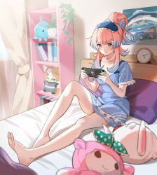 Rule 34 | 1girl, barefoot, bed, blue bow, blue shirt, blunt bangs, blush, book, bow, character doll, chibi vanille, clock, closed mouth, collarbone, commentary, curtains, english commentary, eyelashes, feet, flower pot, frilled shirt, frilled sleeves, frills, full body, genshin impact, gorou (genshin impact), hair bow, hair bun, handheld game console, hands up, highres, holding, holding handheld game console, indoors, knee up, light particles, light rays, long hair, mask, mask on head, nintendo switch, on bed, pillow, plant, poster (object), potted plant, purple eyes, sangonomiya kokomi, shelf, shirt, short sleeves, sidelocks, single hair bun, sitting, sleep mask, sleepwear, solo, stuffed animal, stuffed jellyfish, stuffed toy, toes, v-shaped eyebrows, window